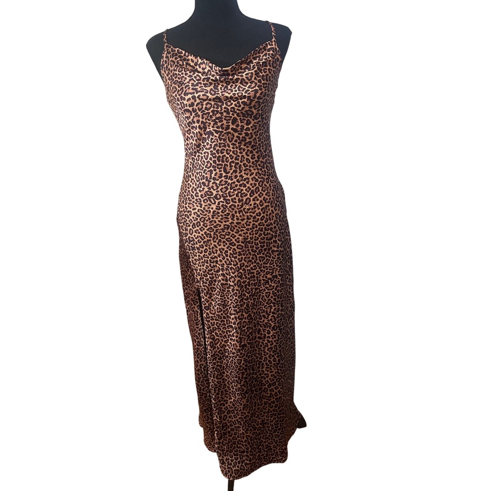 Show Me Your Mumu Florence Slip Dress Leopard Print Cowl Neck Maxi XS Cross Back